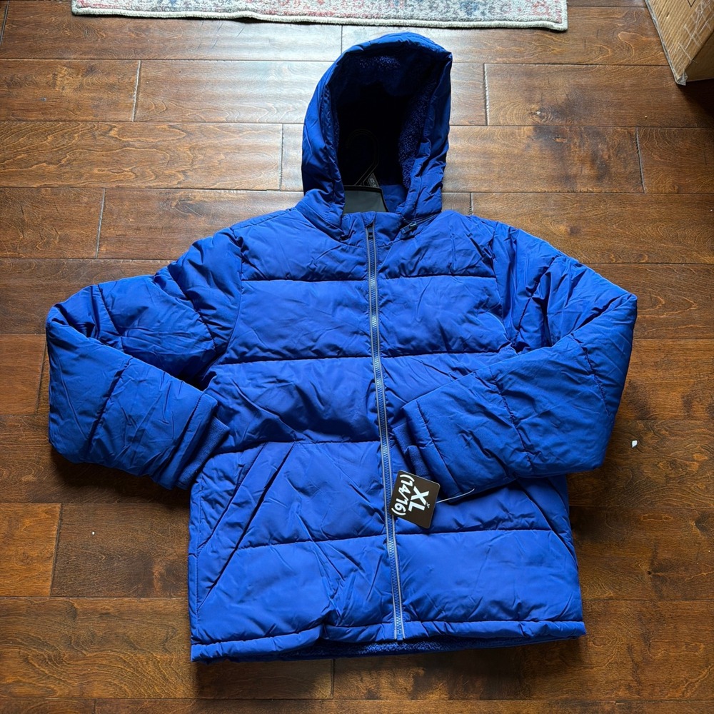 Members Mark Boys Blue Puffer Jacket Removable Hood Sherpa Lined XL 14/16 NEW